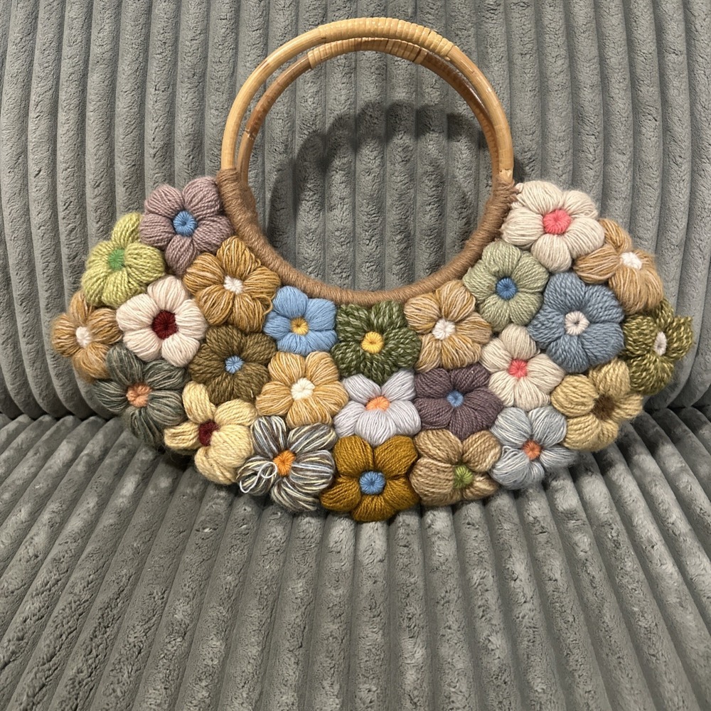 JP‎ & Mattie Handbag Purse Quilt Crochet Vintage Boho Bamboo Handles Multicolor - Picture 2 of 14